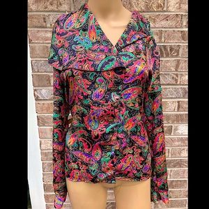 Vintage 80s Black and Rainbow Psychedelic Paisley Blouse Top